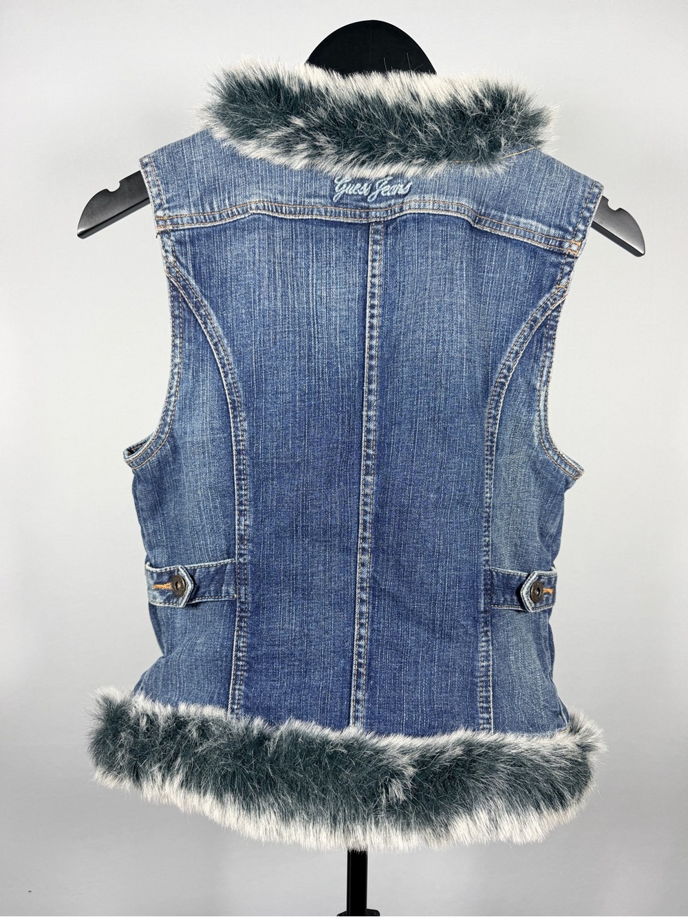 Guess Blue Denim Vest with Gray Faux Fur Trim - Picture 3 of 6